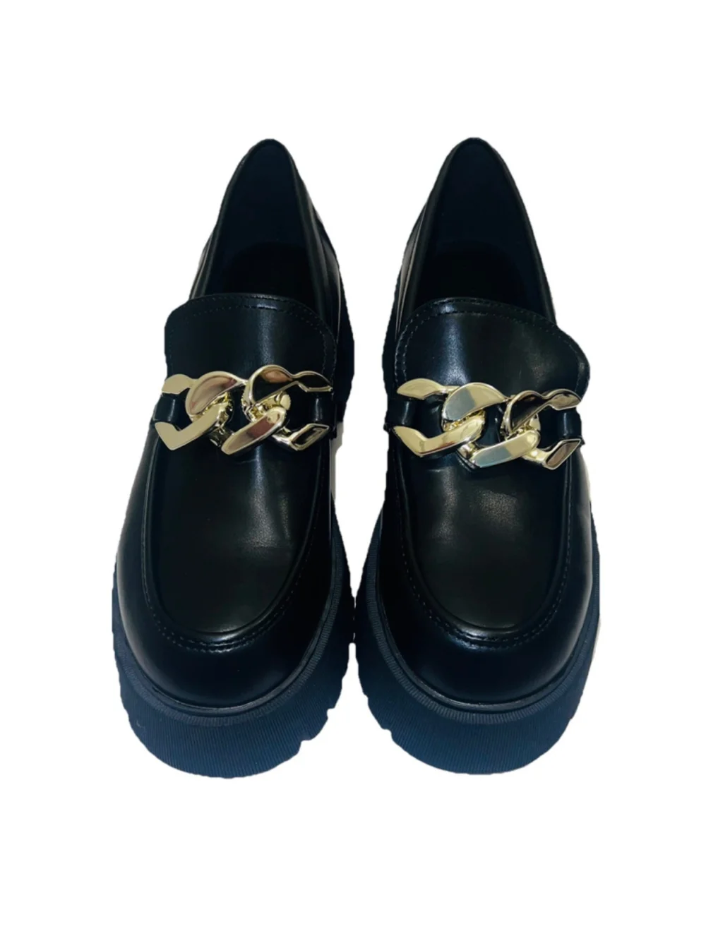 Black Chunky Lug Sole Loafers Gold Chain Platform Minimalist Chic Shoes